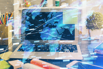 Double exposure of desktop with personal computer on background and tech theme drawing. Concept of data analysis.