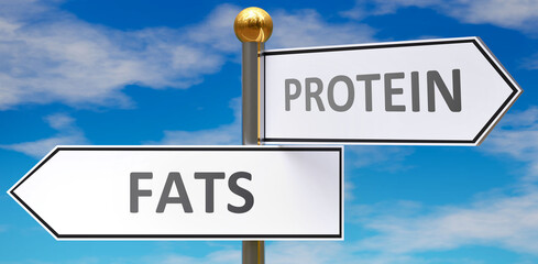Fats and protein as different choices in life - pictured as words Fats, protein on road signs pointing at opposite ways to show that these are alternative options., 3d illustration