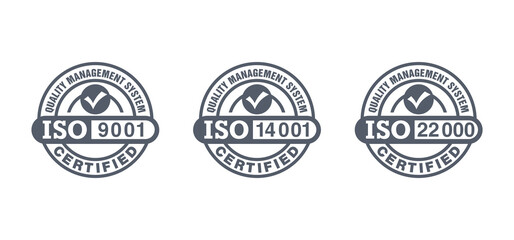 Fototapeta na wymiar ISO 9001, 14001 and 22000 certified stamps collection - quality management system international standard emblems set - isolated vector signs