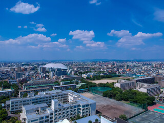 航空撮影したナゴヤドームと名古屋市の街風景