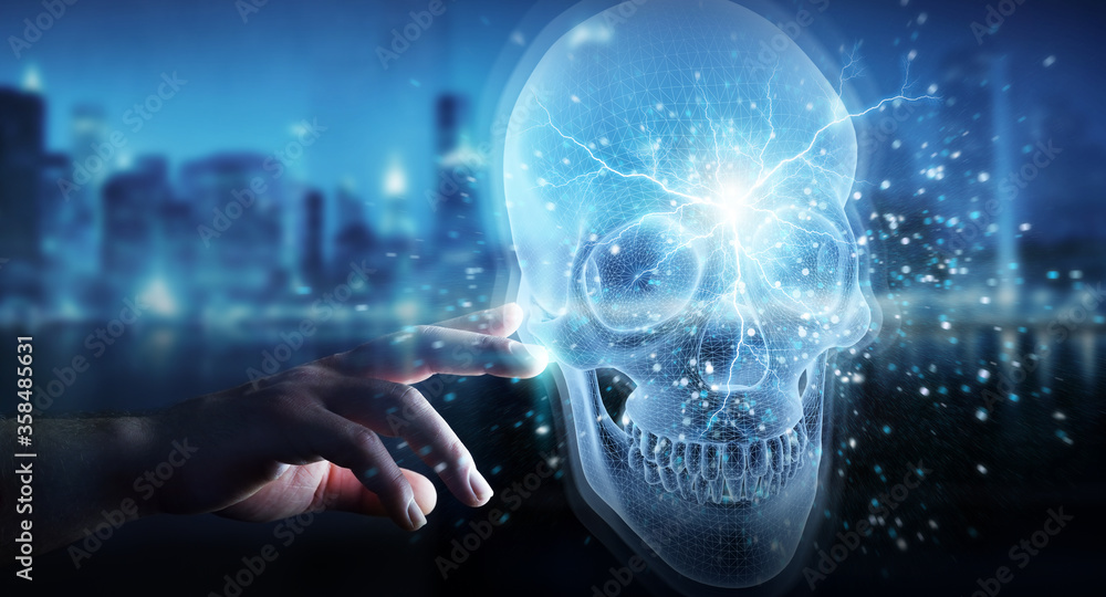 Aufkleber Man hand using digital x-ray skull holographic scan projection 3D rendering