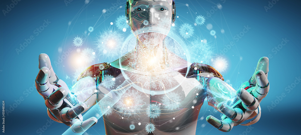 Poster Robot analyzing holographic cell projection through magnifying glass 3D rendering