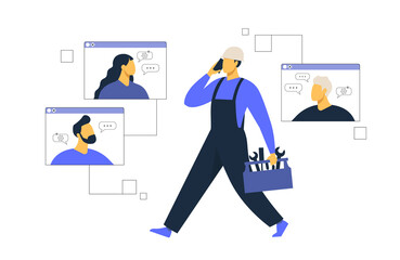 Customer service, male hotline operator advises client, online global technical support, customer and operator. Vector illustration.