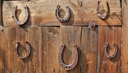 Old horseshoes on a wooden door in the village