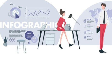 Infographic elements. Business people speak in the office. There are infographics in the background. Business vector Illustration, social communication graphic concept with charts and numbers.