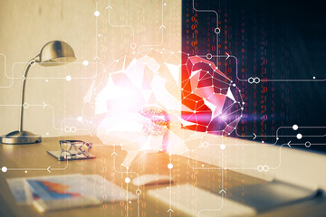 Double exposure of work space with computer and human brain drawing hologram. Brainstorm concept.