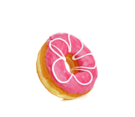 Pink donut decorated with chocolate isolated on white background
