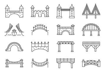 Bridge silhouette. Drawbridge icon, viaduct, aqueduct, railway bridge isloated silhouette set. Outline vector illustration