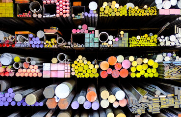 Colorful metal storage such as cast iron bar, steel angle, metal pipe