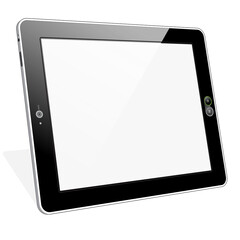A left edge front angle view of a Tablet PC presenting a blank screen. 