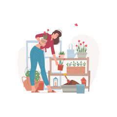 Female florist arranging potted flowers on shelf vector illustration