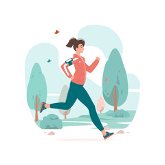 Woman running during fitness training in park vector illustration.