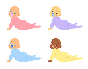 Multinational cute little babies and toddlers in bodysuits in various poses. Different ethnic newborn boys and girls from 0 to a year try to crawl, move on tummy. Vector baby shower illustration.
