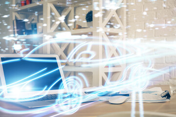 Desktop computer background in office with automobile hologram drawing. Multi exposure. Tech concept.