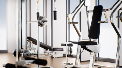 3D rendering of exercise equipment in gym with modern fitness club concept