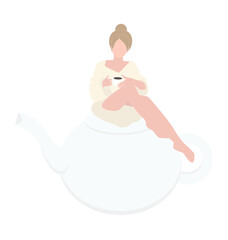 Girl sits on a teapot and drinks tea