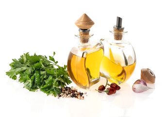 Italian cuisine. Olive oil with spices on a white background.