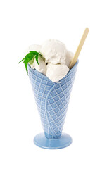 Ice cream in a ceramic waffle cup on a white background