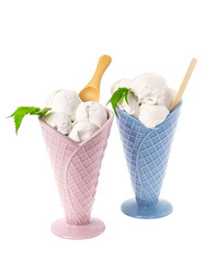 Ceramic waffle ice cream in a pink and blue cup on a white background