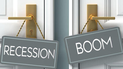 boom or recession as a choice in life - pictured as words recession, boom on doors to show that recession and boom are different options to choose from, 3d illustration