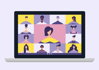 Conference video call, remote project management, quarantine, chat with friends. Vector illustration in a modern style.