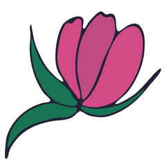 vector abstract pink flower with green leaves and violet outline, vector element