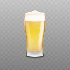 Realistic glass full of beer with white foam isolated on transparent background