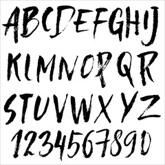 Hand drawn font made by dry brush strokes. Grunge style alphabet. Handwritten font. Vector illustration.