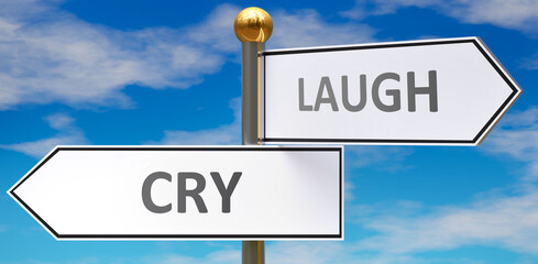 Cry and laugh as different choices in life - pictured as words Cry, laugh on road signs pointing at opposite ways to show that these are alternative options., 3d illustration