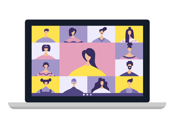 Conference video call, remote project management, quarantine, chat with friends. Vector illustration in a modern style.