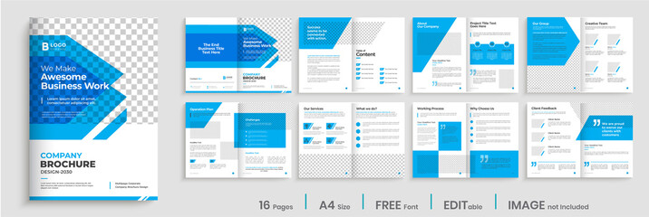 Brochure template design with blue modern shapes, 16 page, corporate, minimal business brochure template design.