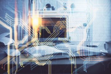 Multi exposure of table with computer and world map hologram. International data network concept.