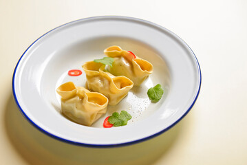 Close up fresh boiled dumplings with hot steams on white ceramic plate. Chinese food, Asian cuisine.