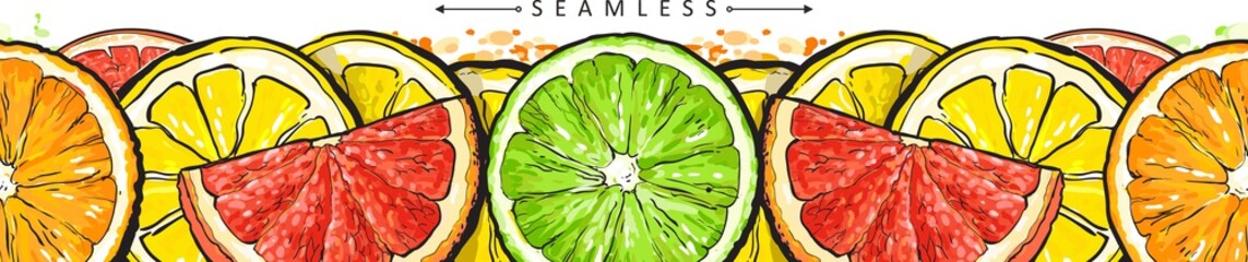 Seamless pattern border with citrus fruits sketch vector illustration isolated. - obrazy, fototapety, plakaty