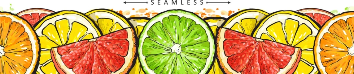 Foto op Plexiglas Seamless pattern border with citrus fruits sketch vector illustration isolated. © sabelskaya