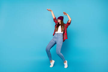 Full length body size view of her she nice attractive cool carefree glad cheerful cheery girl...