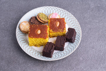 Sfouf, cookies and brownies dessert with cappuccino
