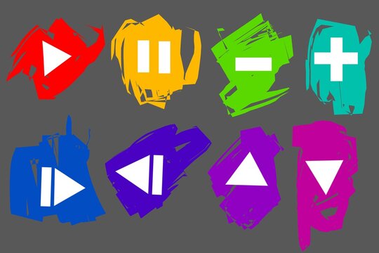  set of colorful sale tags. play pause button. Hand drawn sketch