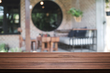 Blurred background of home garden picnic and wooden table free space for product display.