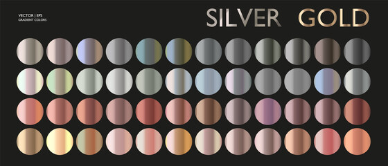 Metal gradient. Color medals set. Metallic collection. Gold, silver, pearl, bronze palette. Color collection. Steel, aluminium, tin. Holographic background. Chrome texture. Chromium polish effect.