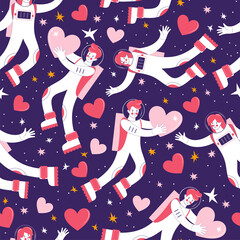 Seamless pattern of astronauts flying in outer space. Couple in love among the stars. Man gives his heart to a woman. Background of the starry sky. Concept of cosmic love. Hand drawn vector style.