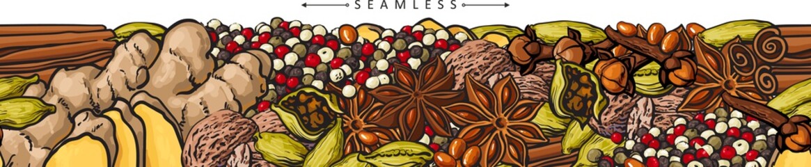 Seamless pattern of spices set sketch vector illustration isolated on white.
