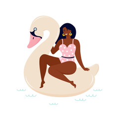 Black woman in a bathing suit is floating on a white Swan on an inflatable float in the pool. Summer beach party. Hand drawn female character resting by the sea. Vector flat illustration. Time to rest