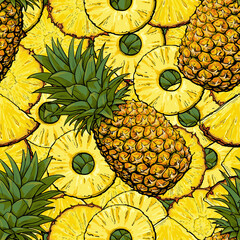 Seamless tropical pattern of pineapple or ananas sketch vector illustration.