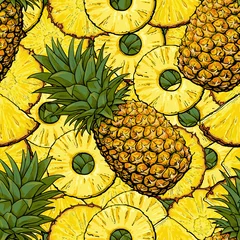 Wallpaper murals Pineapple Seamless tropical pattern of pineapple or ananas sketch vector illustration.