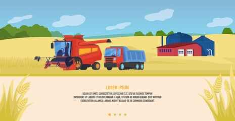 Fototapeta na wymiar Agriculture farming vector illustration. Cartoon flat agricultural agrarian tractors and combine harvesters working in cultivated organic farm fields, countryside landscape, wheat harvest background