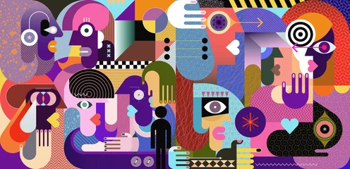 Poster Im Rahmen Grafische Illustration der modernen abstrakten Kunst mit zehn verschiedenen Personen. Große Gruppe von Menschen Graffiti-Skizze-Grafik. ©  danjazzia