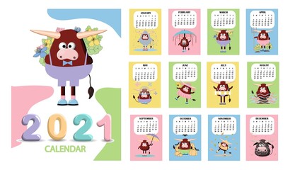bull, white bull calendar or A4 planner for 2021 with cartoon kawaii, bull or cow, New Year symbol ox - cover and 12 monthly pages. Week starts on Sunday, vector printable template