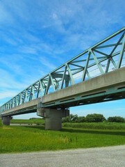 つくばエクスプレスの鉄橋と初夏の江戸川河川敷風景
