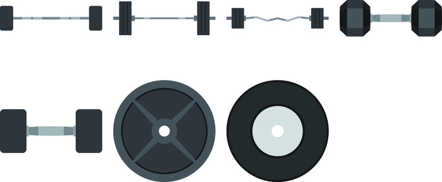 Equipment set for strength training or body building at the gym. Vector graphic.